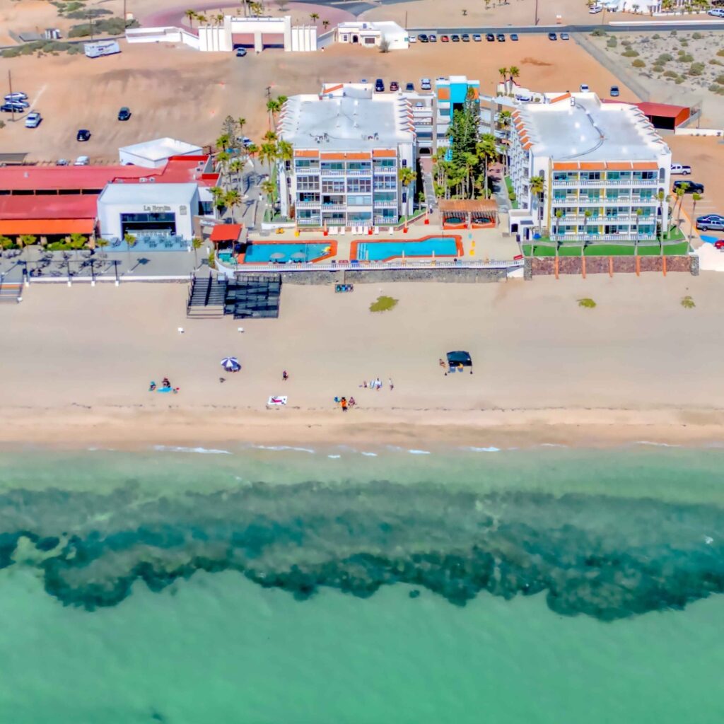 Aerial view of Playa Bonita Resort with direct beach access on Sandy Beach in Rocky Point