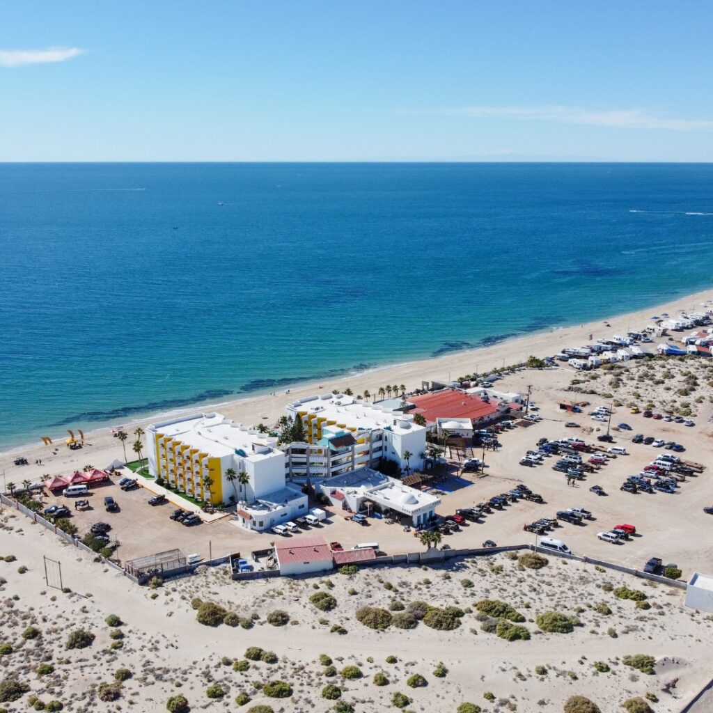 Aerial view of Playa Bonita Resort showing its large parking area in Rocky Point