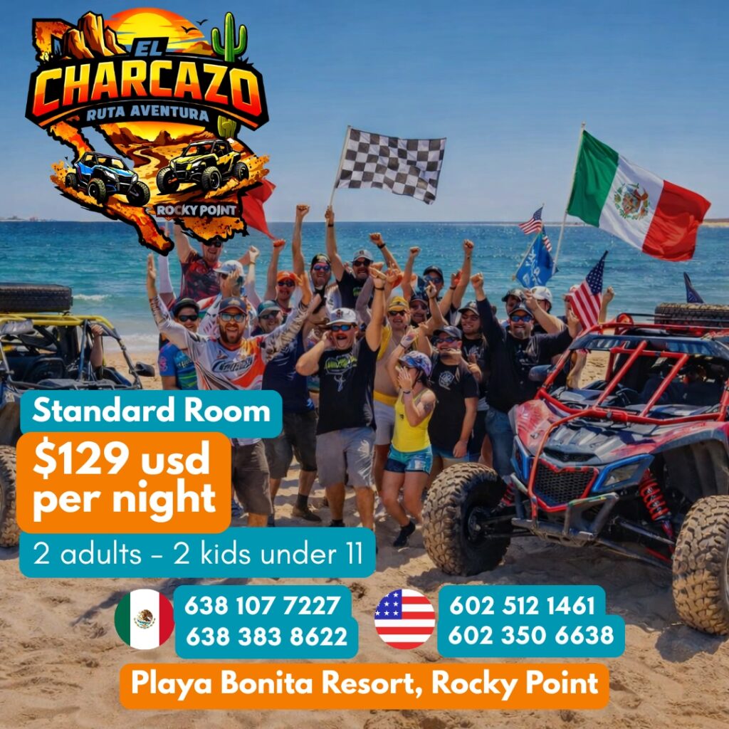 Off-road vehicles and participants celebrating during El Charcazo Ruta Aventura in Puerto Peñasco with a special $129 USD per night standard room promotion at Playa Bonita Resort.