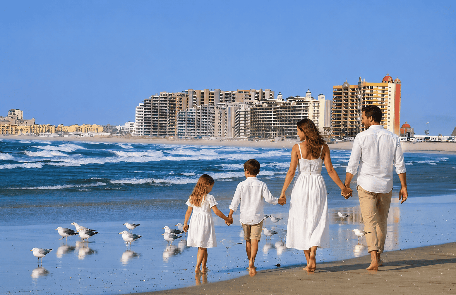 Family walking along the beach in Rocky Point, MX