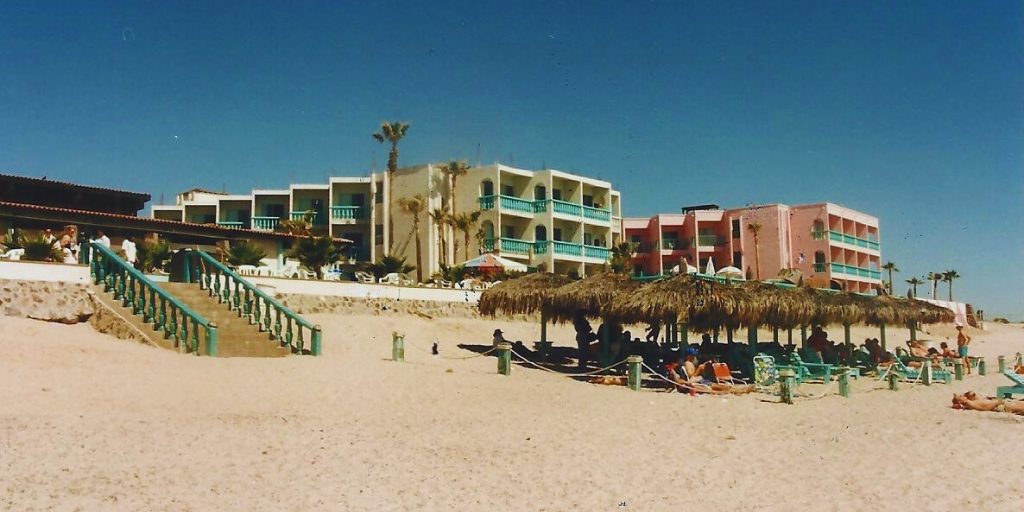 Playa Bonita Resort on Sandy Beach in the 1990s, showing the hotel and palapa area in Rocky Point