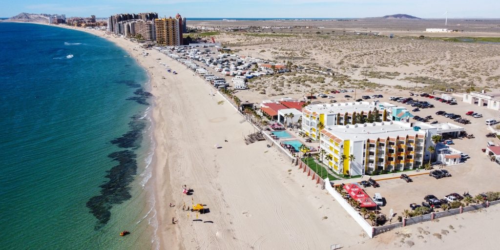 Aerial view of Playa Bonita Resort on Sandy Beach in Rocky Point during the 2020s improvement phase