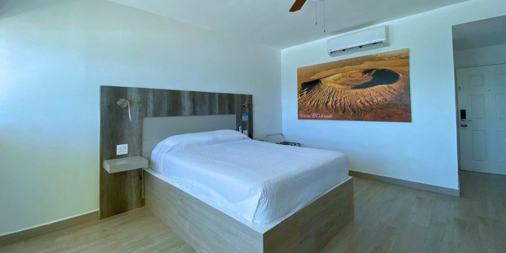 Habitacion sencilla con cama king size y vista a la playa